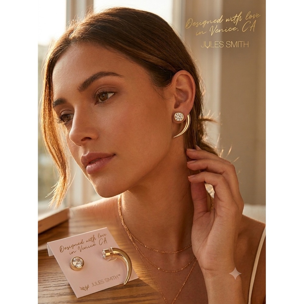Jules Smith Gold Tone Crystal Stud Curved Horn Tusk Ear Jacket Earrings